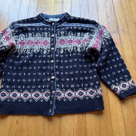 Vintage L.L. Bean Size M Navy Fair Isle Wool 90s Nordic Cardigan Sweater - Picture 3 of 15